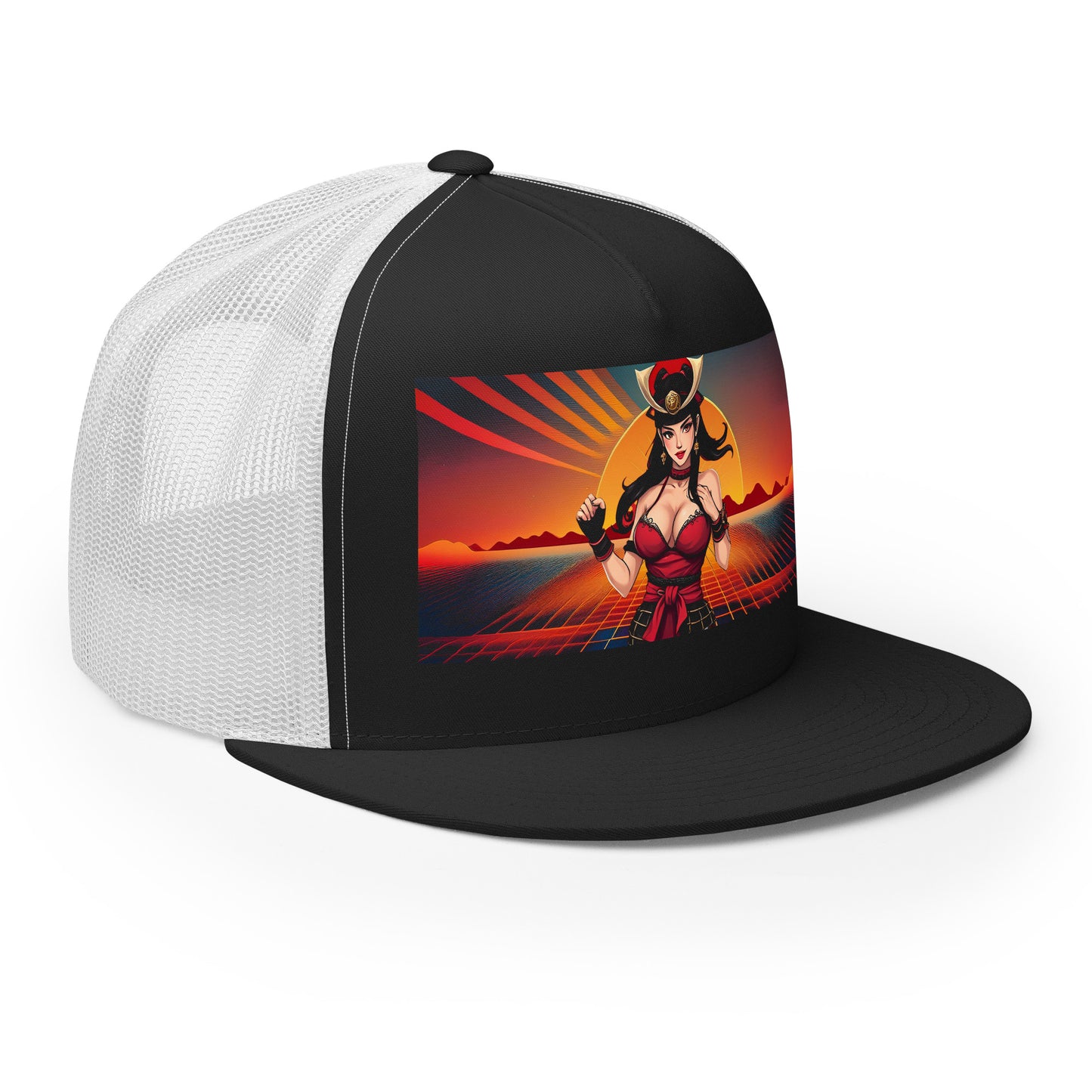 LuckeLadybug trucker hat with unique samurai fashion hat graphic in black and white mesh design
