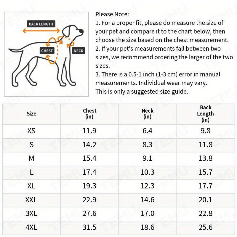 Size chart for urban chic dog shirts showing measurements for different dog sizes and fit guide