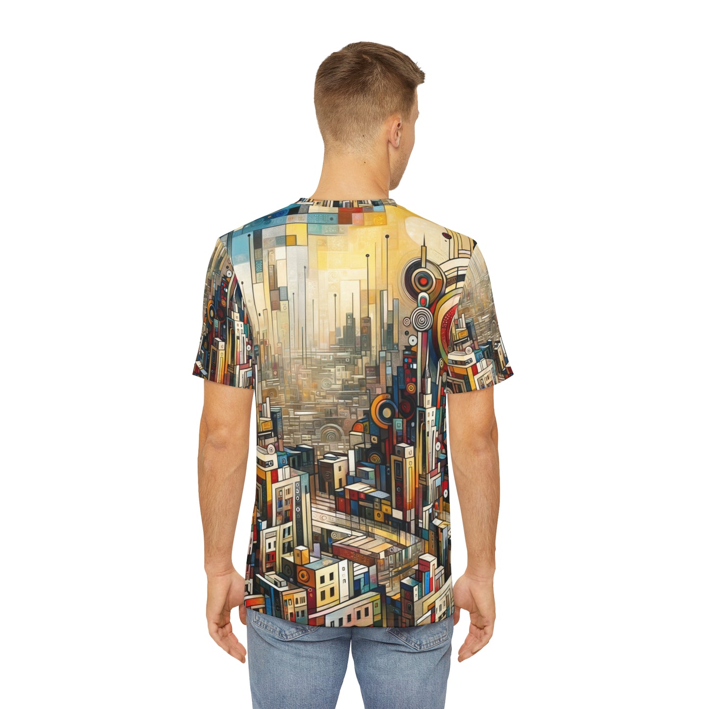 LuckeLadybug urban fashion graphic tee for men with colorful cityscape design on back