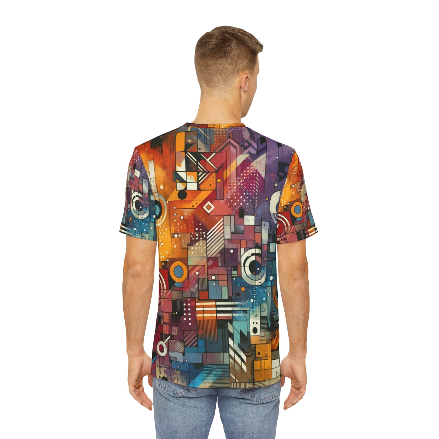 LuckeLadybug urban fashion graphic tee with colorful abstract geometric design on back