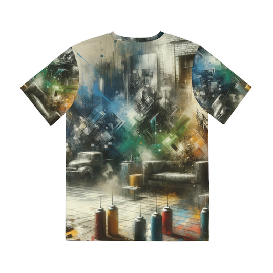 LuckeLadybug urban graphic tee for men with colorful cityscape art and abstract spray paint design