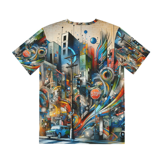 LuckeLadybug urban graphic tee for men featuring colorful cityscape and street art design