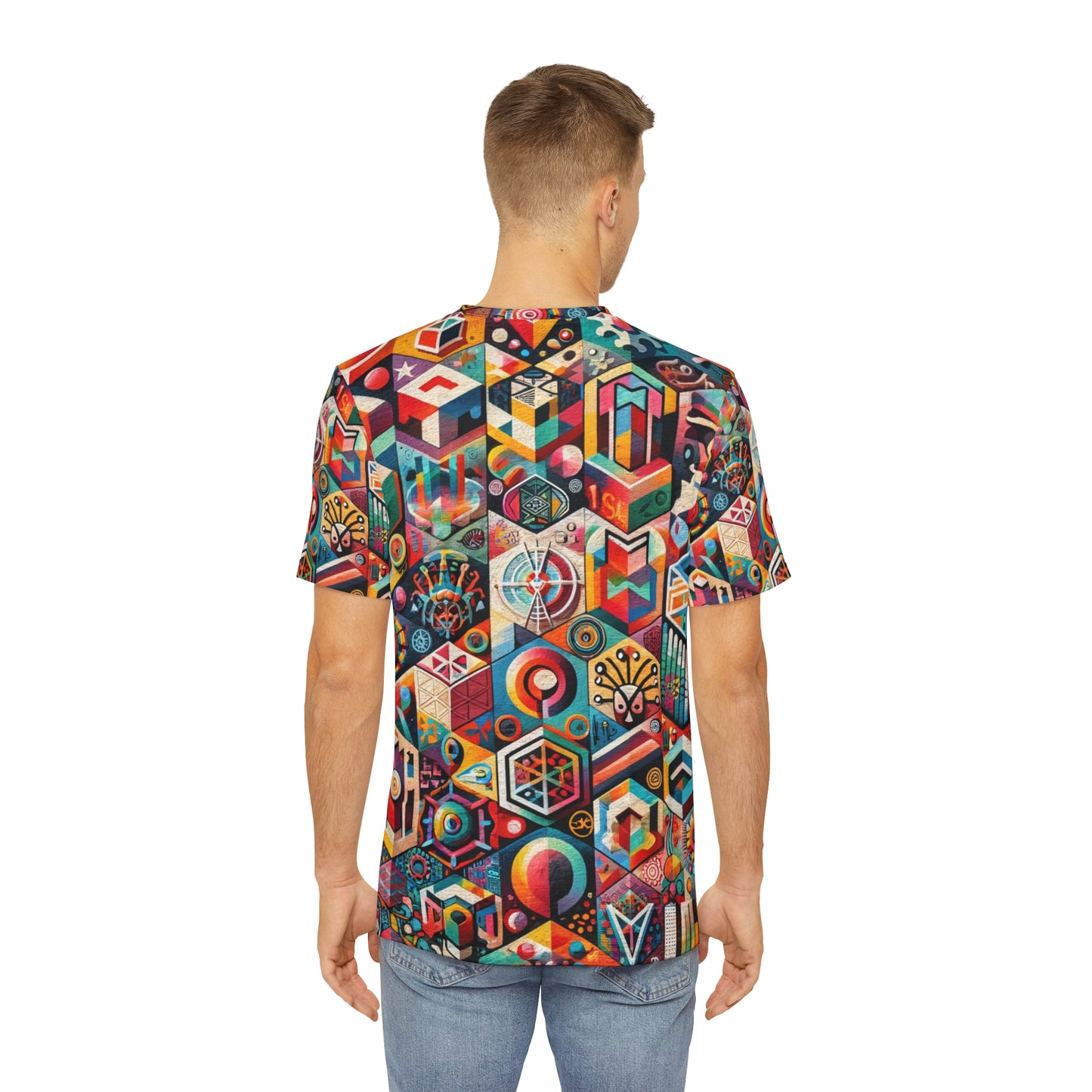 LuckeLadybug urban streetwear tee for men with colorful geometric and abstract patterns on back