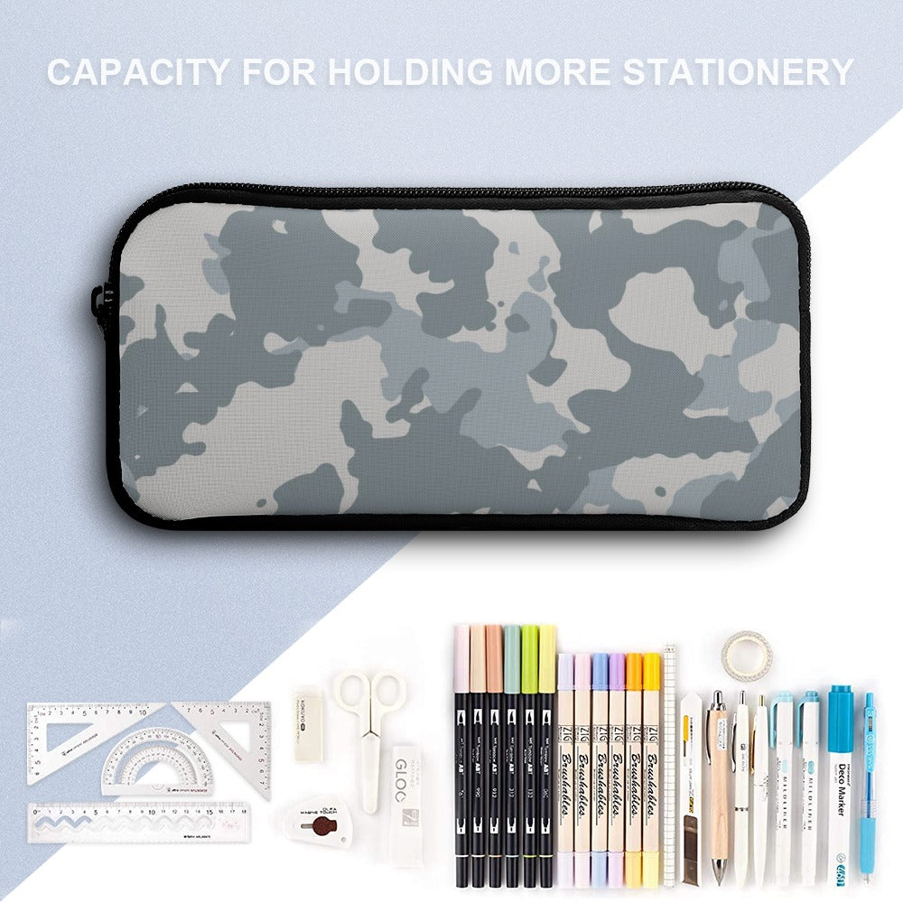 Grey Camo Backpack Three-Piece Set Inkedjoy pencil case front view with grey camouflage pattern and school supplies