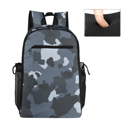 Inkedjoy stylish camouflage backpack in gray blue with padded mesh back and dual side pockets for everyday use