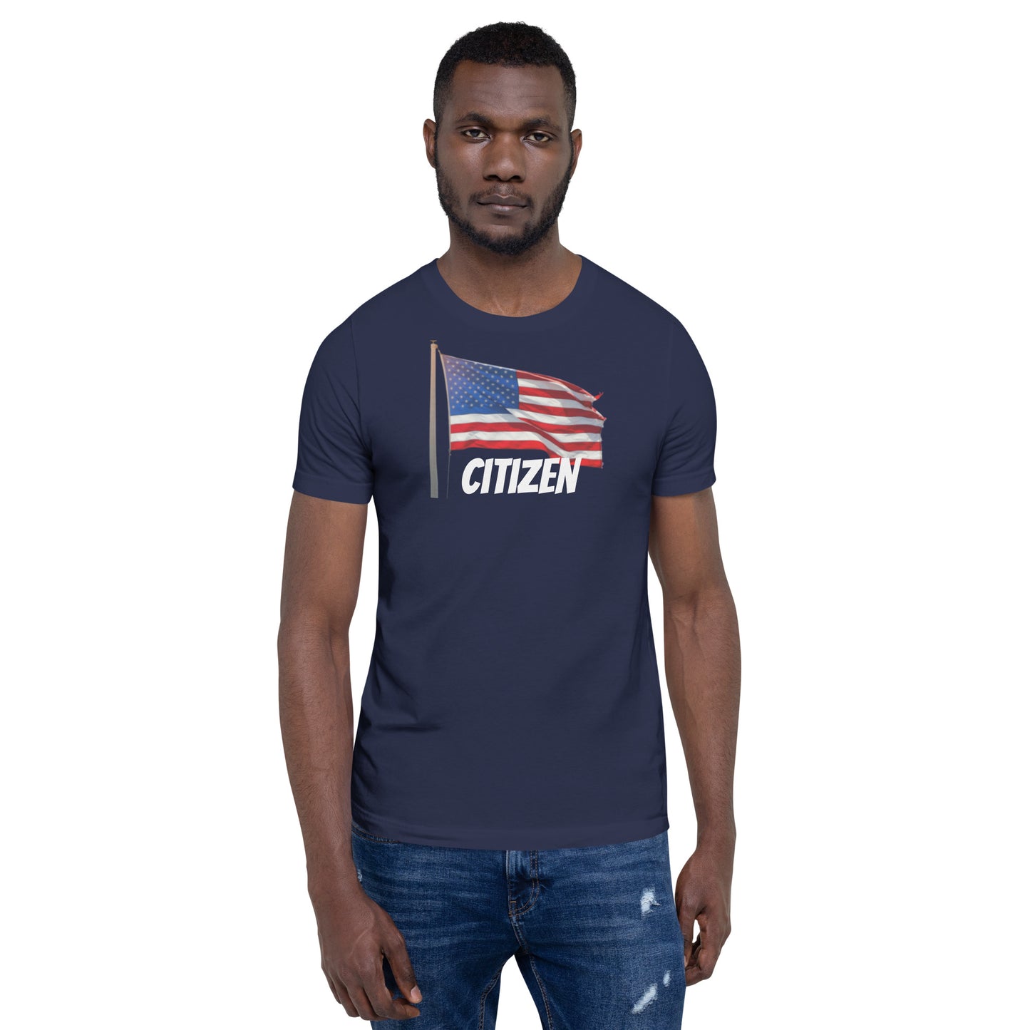 LuckeLadybug USA flag t shirt unisex in navy blue with American flag and Citizen text