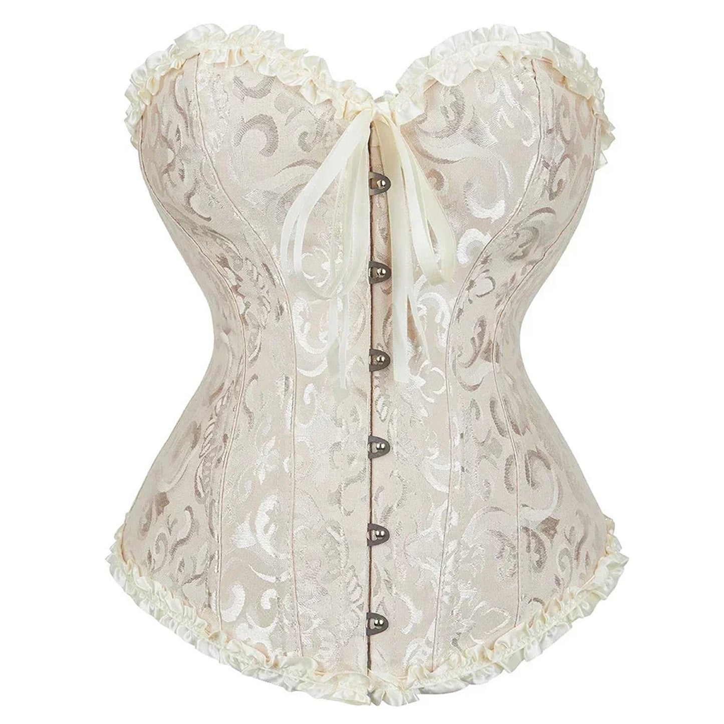 2025 lace-up corset bustier in cream with floral lace trim and front buttons for a romantic look