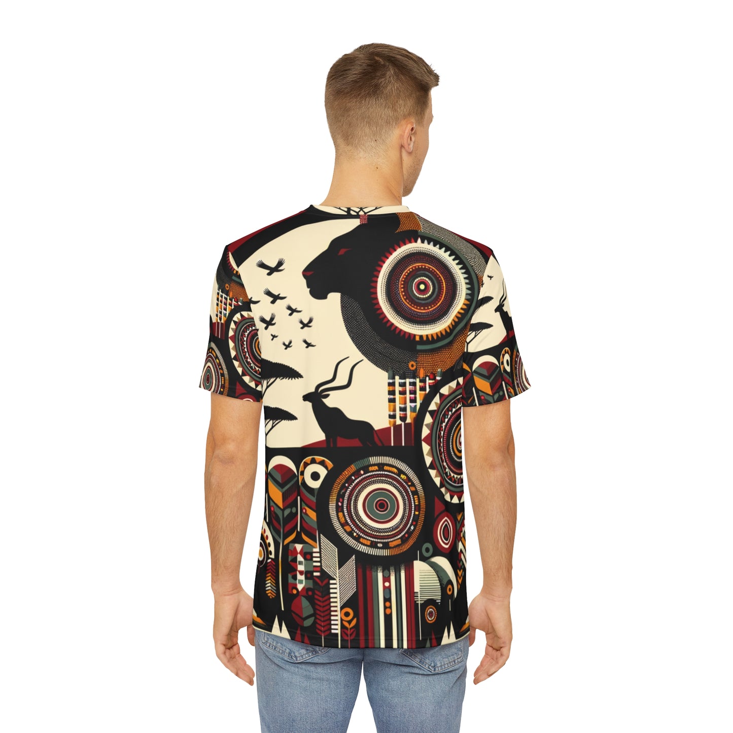 Abstract tribal tee for men featuring bold animal and geometric patterns in earth tones