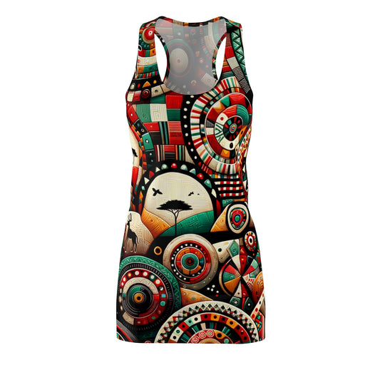 racerback dress featuring vibrant African abstract print dress design with geometric and nature motifs
