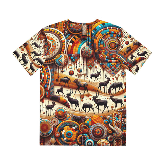 LuckeLadybug African abstract print shirt featuring colorful geometric patterns and wildlife design