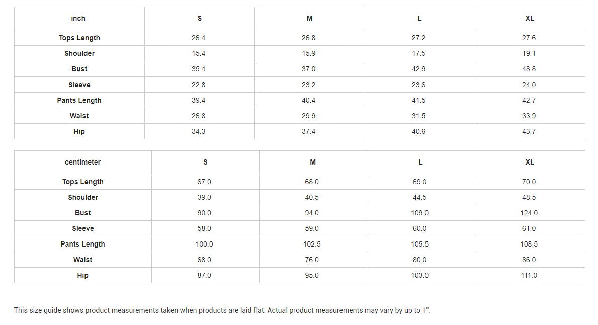 Size chart for Yoycol African-inspired women's pajamas showing measurements for tops and pants in inches and centimeters