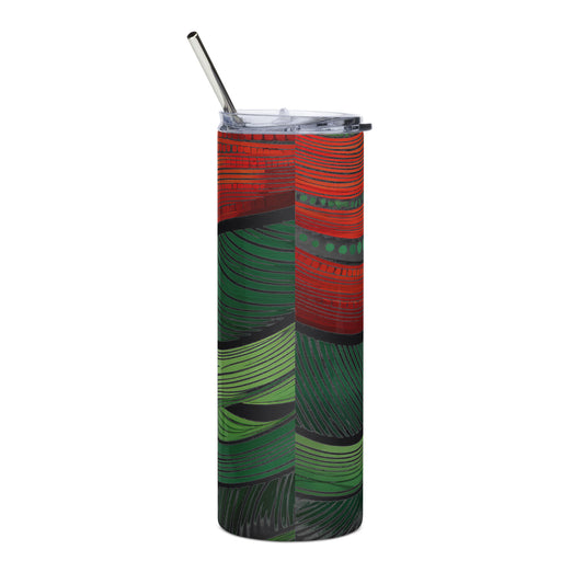 African steel tumbler by LuckeLadybug with red and green abstract tribal patterns and stainless steel straw