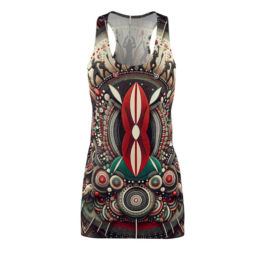 african style racerback dress featuring intricate tribal patterns and bold red and green shield design