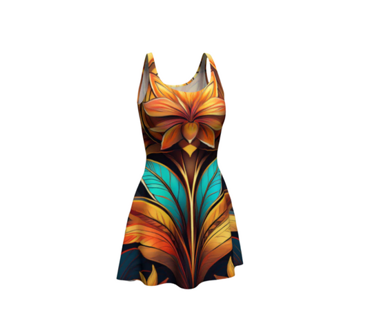 Luckeladybug ancient vibes flare dress for women with vibrant floral and leaf pattern