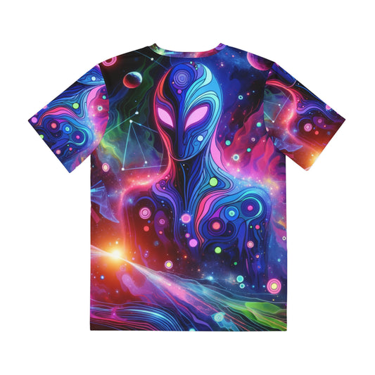 LuckeLadybug bold abstract graphic tee featuring a colorful cosmic alien design with vivid neon patterns