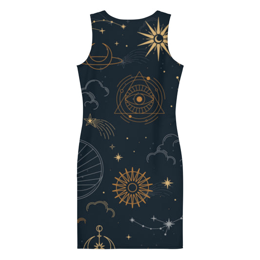 LuckeLadybug celestial bodycon dress with dark background and gold celestial symbols design