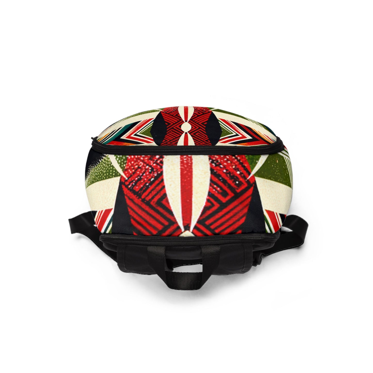 Colorful African inspired backpack with vibrant red, green, black, and white geometric patterns