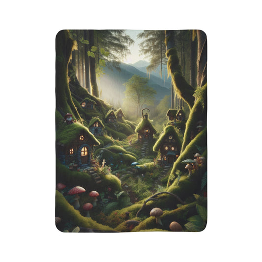 LuckeLadybug sherpa blanket featuring a cozy whimsical throw blanket design with enchanting forest cottages and mushrooms