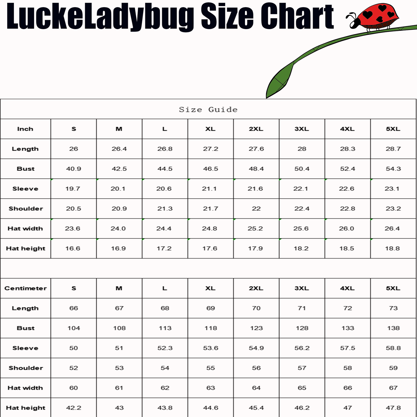 LuckeLadybug size chart for cute ladybug hoodie for women with measurements in inches and centimeters