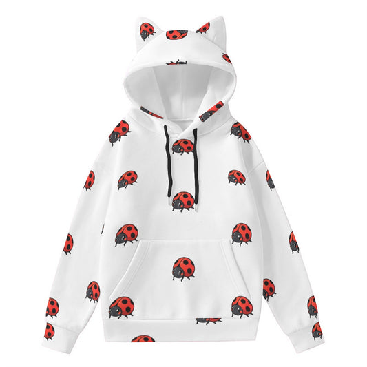 White cute ladybug hoodie for women with red ladybug prints and cat ear hood