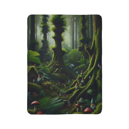 LuckeLadybug gnome forest sherpa blanket featuring a detailed magical forest scene with gnomes and mushrooms