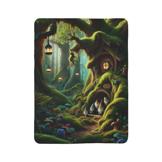 LuckeLadybug gnome forest sherpa blanket with whimsical gnome house and lanterns in a magical forest