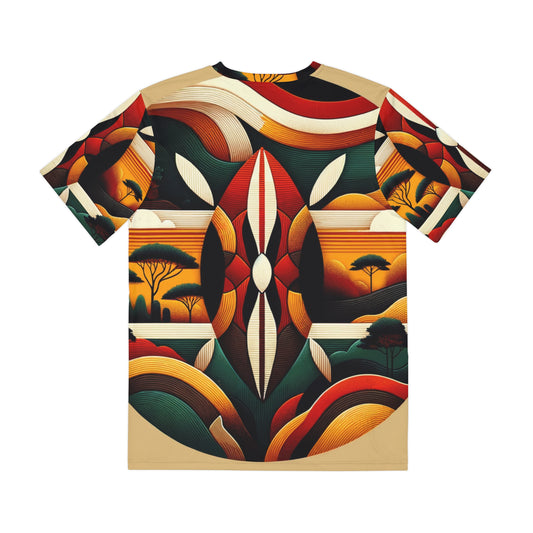 LuckeLadybug modern African print shirt T-shirt featuring bold abstract shapes and warm earthy tones