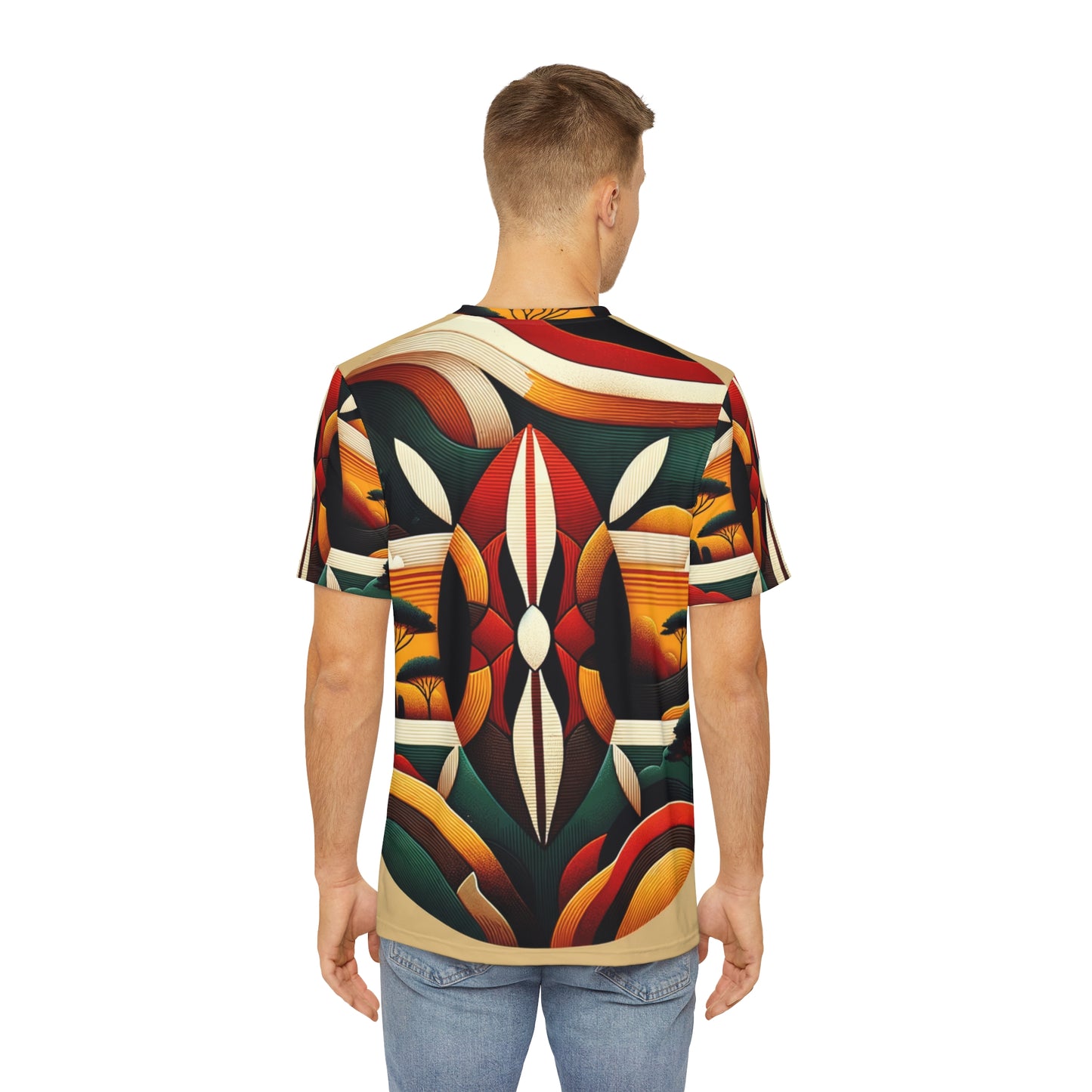 Back view of man wearing LuckeLadybug modern African print shirt with colorful geometric design