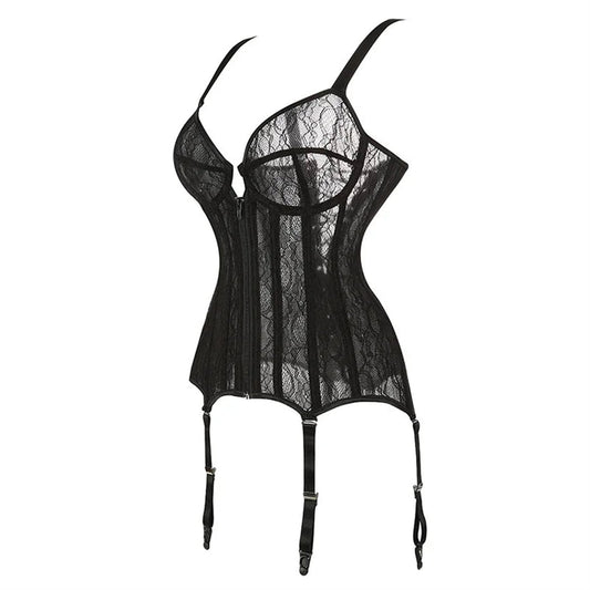 Plus size black lace corset with adjustable straps and garter clips for an elegant look