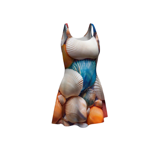 luckeladybug flare dress featuring colorful seaside shell dress print with various large seashells