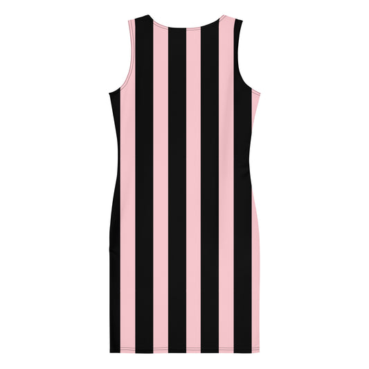 LuckeLadybug sleeveless bodycon dress with bold vertical stripes in pink and black striped womens fashion dress
