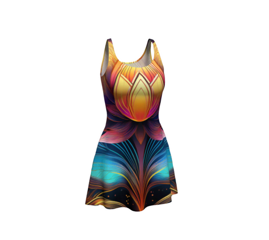 Luckeladybug flare dress featuring a colorful floral pattern with timeless elegance floral dress design