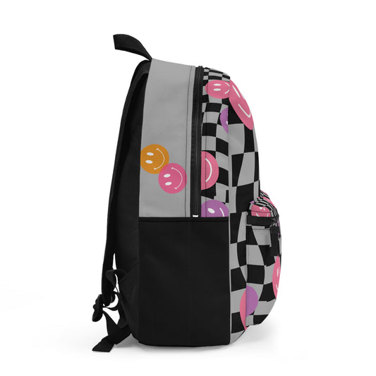 Printify trendy smiley face bag with black and white checkerboard design and colorful smiley faces