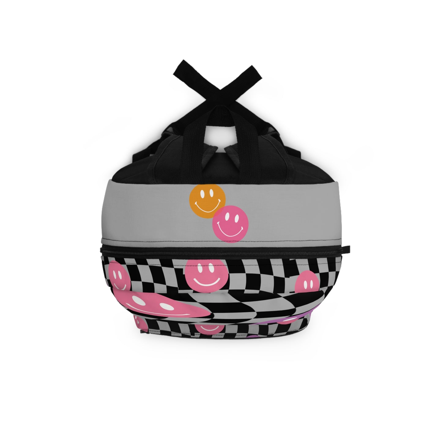 Printify trendy smiley face bag with black and white checkered pattern and colorful smiley faces