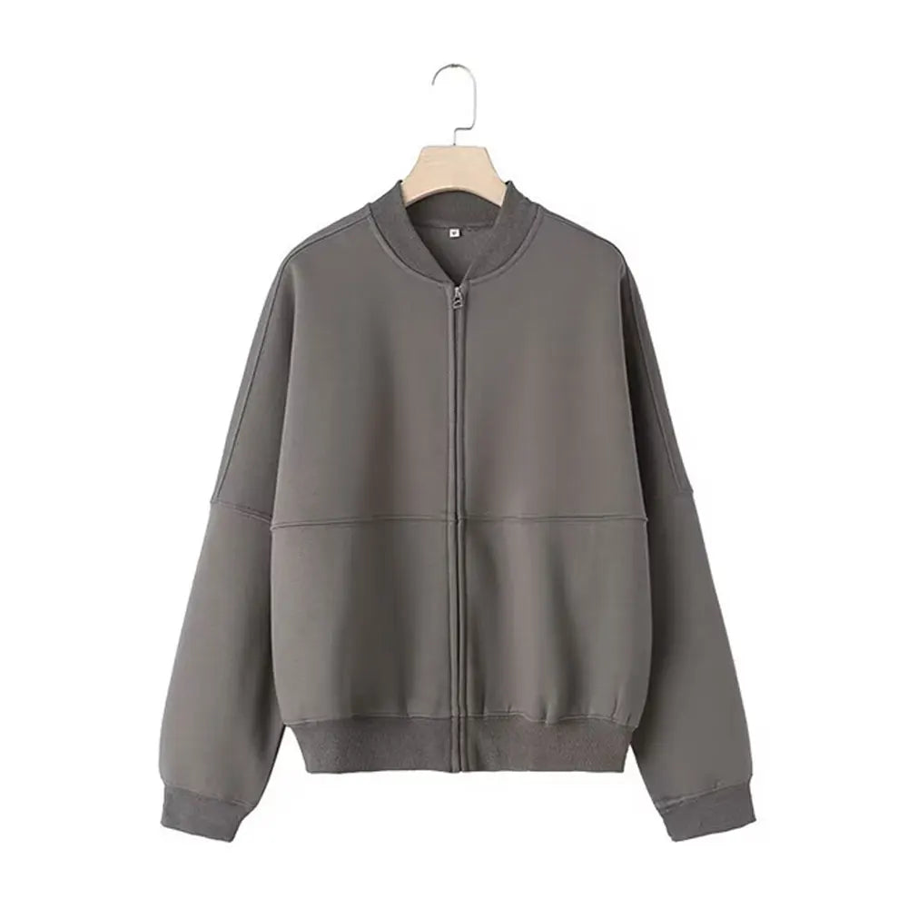 Stylish women's 2 piece fall outfit featuring a comfortable gray zip-up jacket