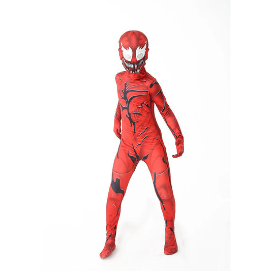 Kids' red Carnage costume with detailed design, perfect for Halloween or costume parties featuring venom costume for kids