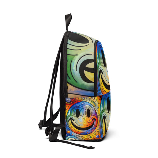 Side view of LuckeLadybug vibrant smiley face backpack with colorful, artistic smiley design and black straps