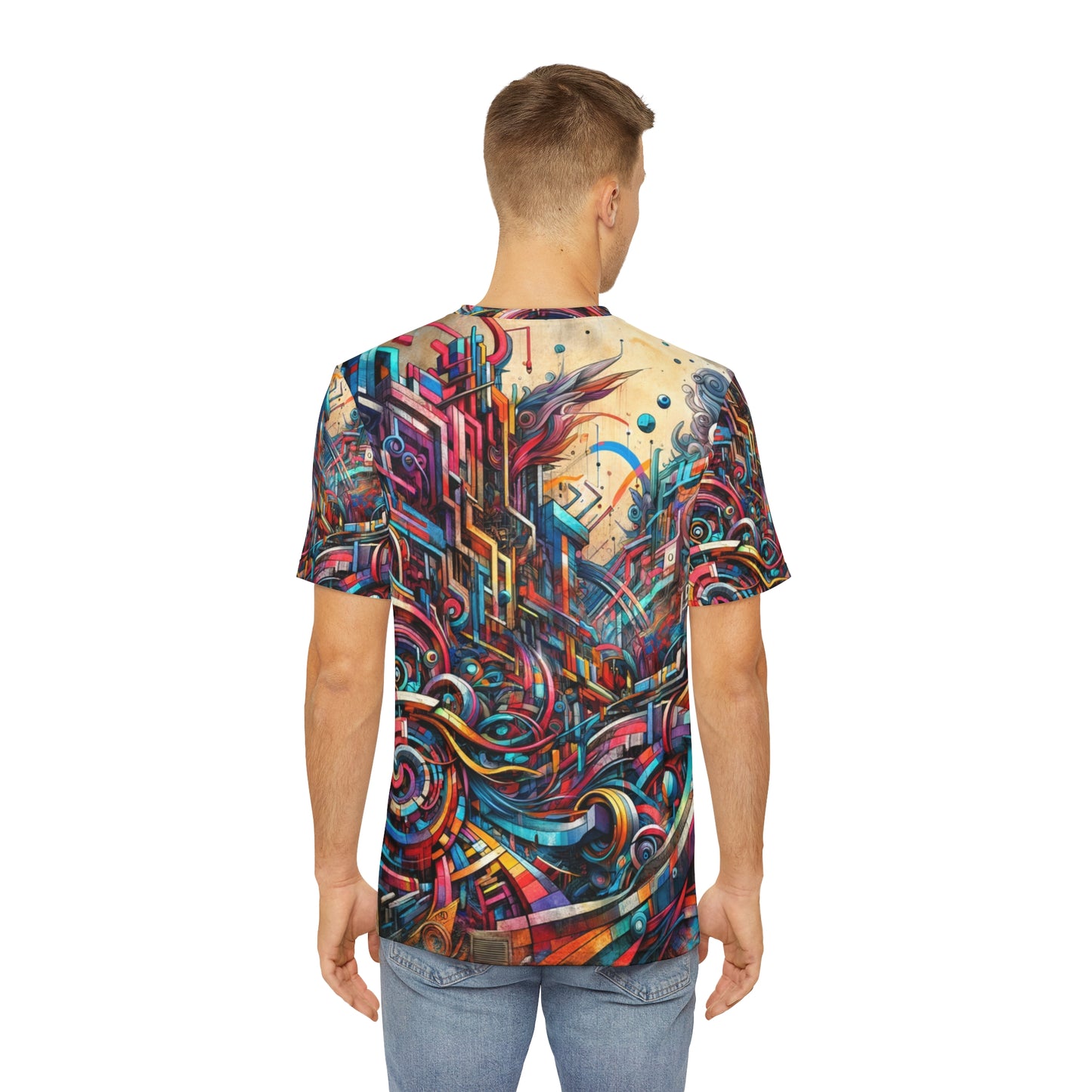 Back view of vibrant urban fashion tee by LuckeLadybug featuring colorful abstract geometric design