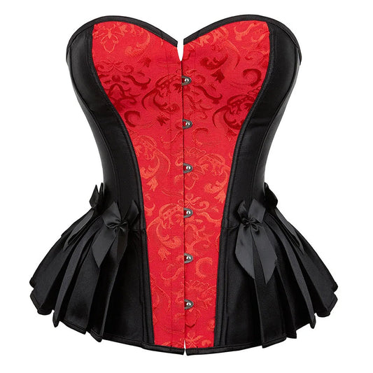 Elegant Victorian corset top for women with red and black design and decorative bows