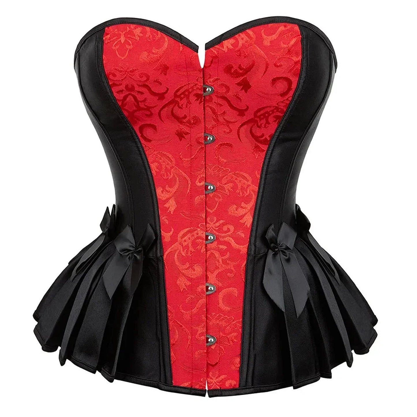 Elegant Victorian corset top for women with red and black design, featuring decorative bows and lace-up back.