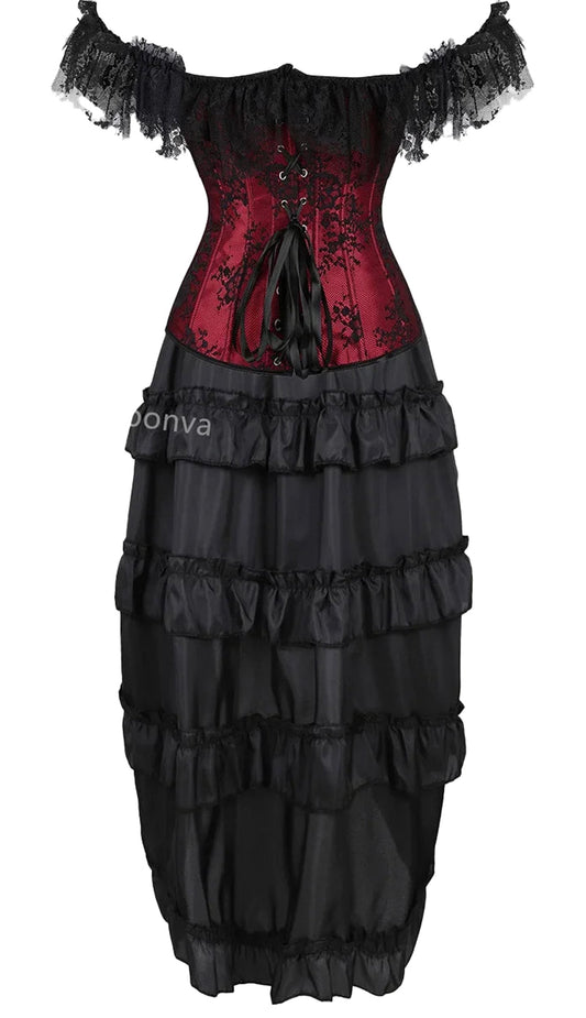 Elegant vintage burlesque corset dress with off-the-shoulder lace sleeves and ruffled black skirt