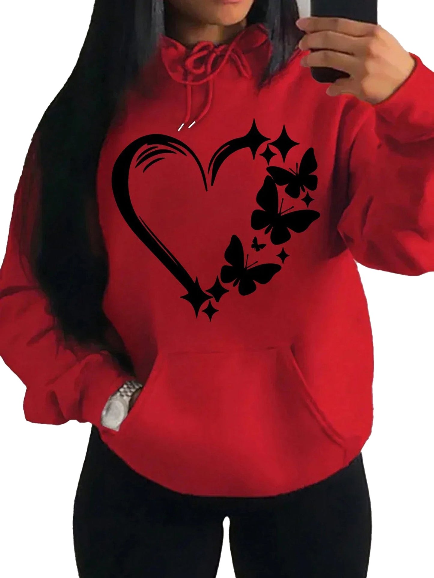 Red vintage butterfly heart hoodie featuring a stylish butterfly design on the front