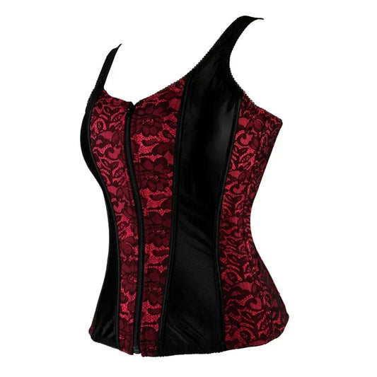 Plus size vintage corset vest for women in black and burgundy lace design with zipper closure