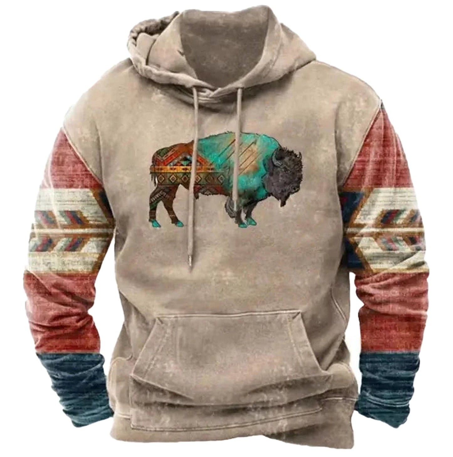 LuckeLadybug vintage cow print hoodie men featuring a unique bison design and colorful sleeves
