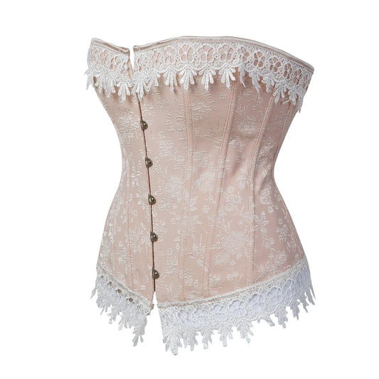 LuckeLadybug vintage jacquard overbust corset in soft pink with intricate lace trim and silver buttons