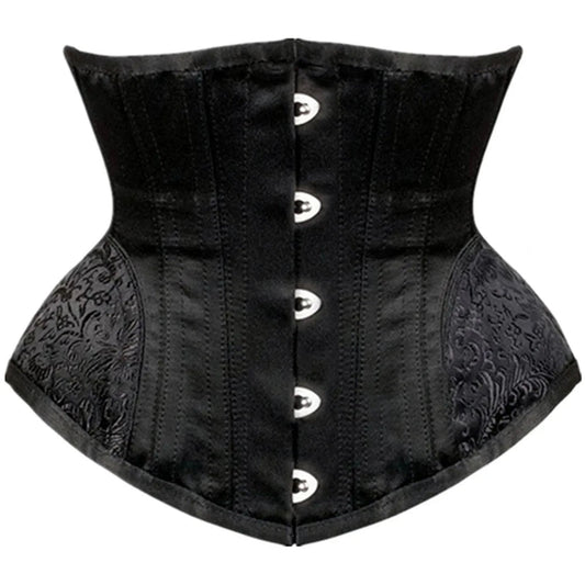 Black waist slimming underbust corset featuring decorative detailing and front metal closures