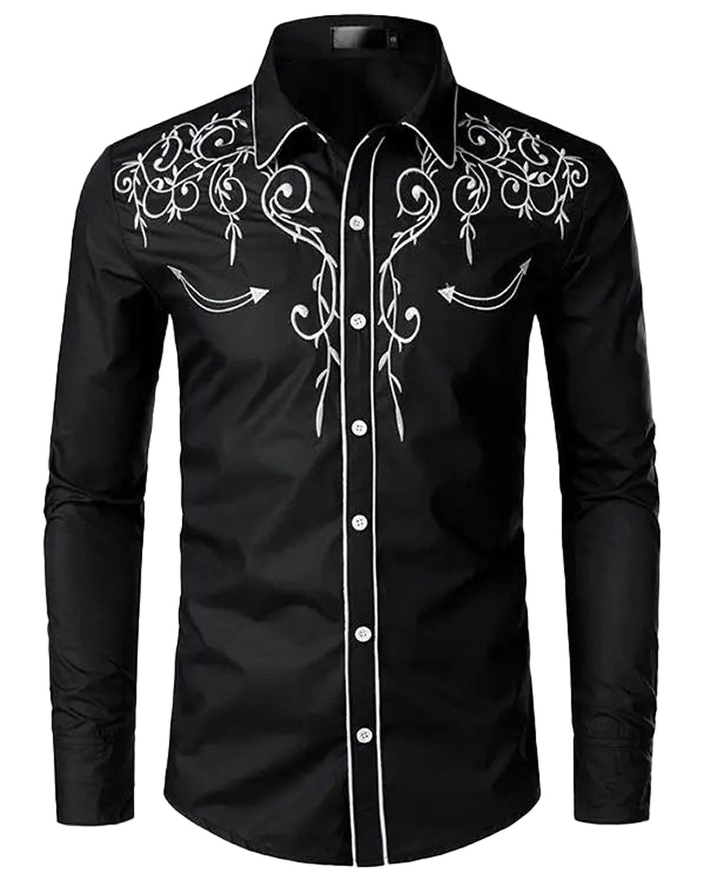Black western embroidered shirt for men with intricate white designs and classic collar