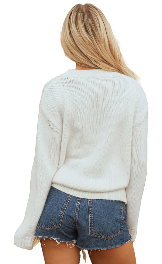 LuckeLadybug white embroidered sweater with boots graphic, perfect for casual fall outfits