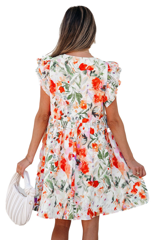 LuckeLadybug pink floral mini dress with ruffle sleeves and watercolor red orange blooms back view