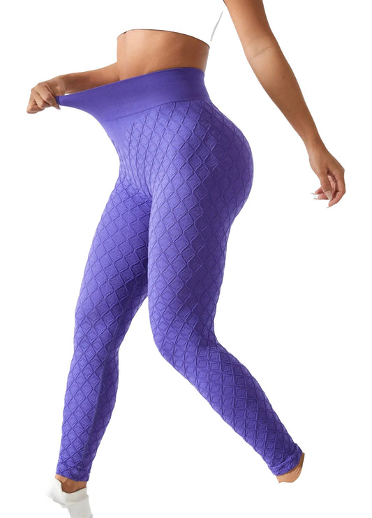Purple LuckeLadybug seamless scrunch leggings for women with a high waistband and textured design